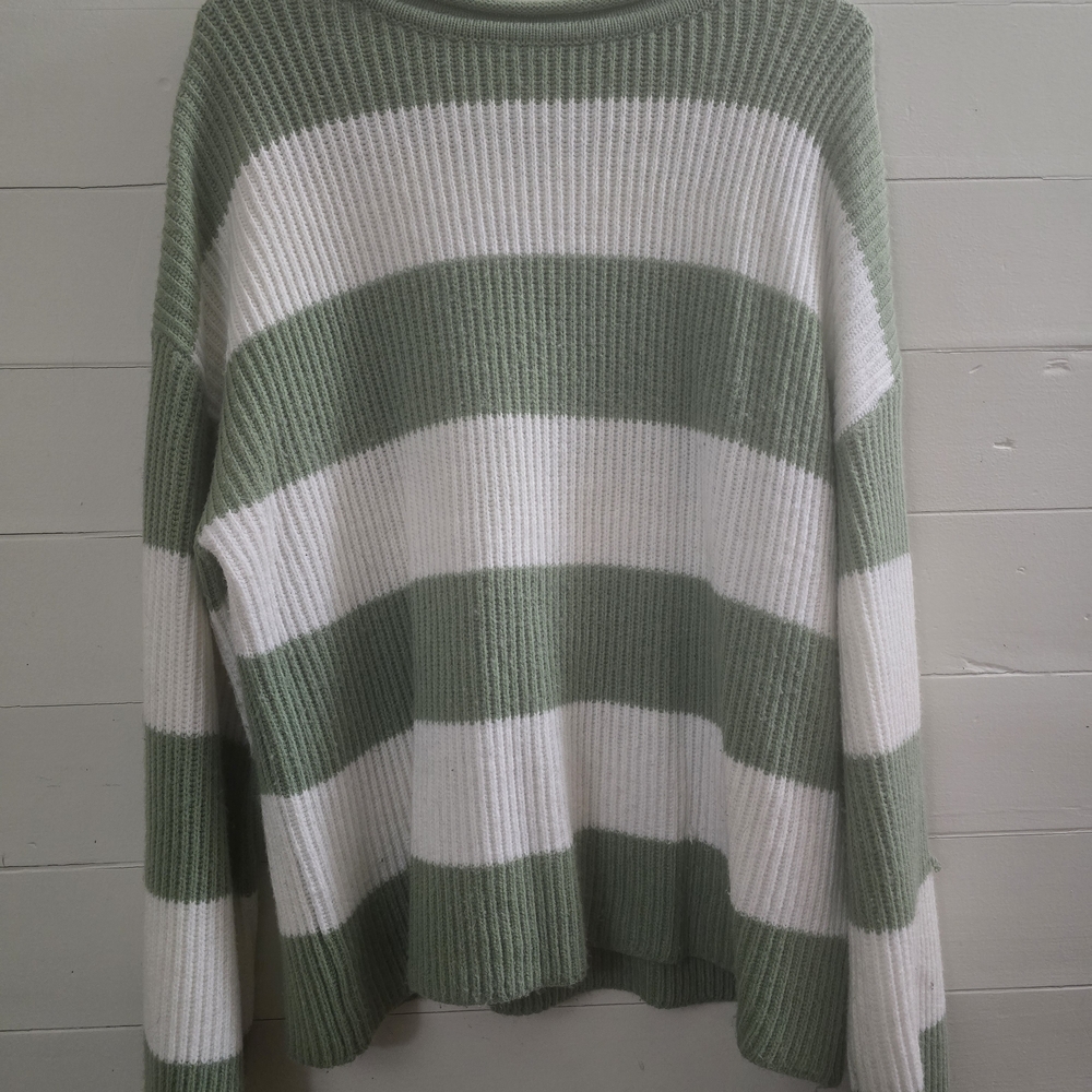 Striped Green and White Women's Crew Neck Sweater